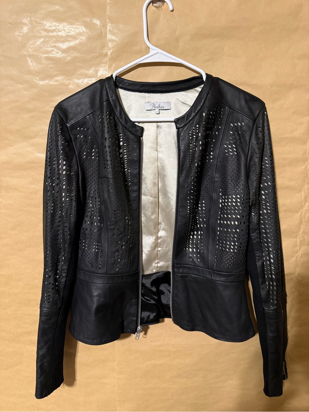 Parker Black Genuine Leather Laser Cut Peplum Moto Jacket S
